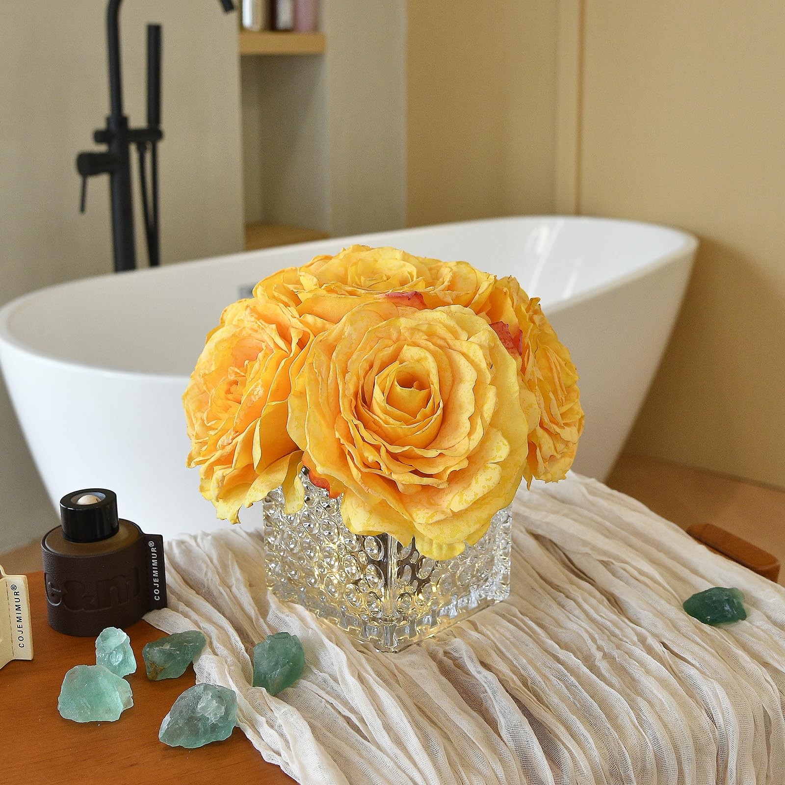 Artificial Rose in Glass Vase Vintage Silk Flower Arrangement with Light for …