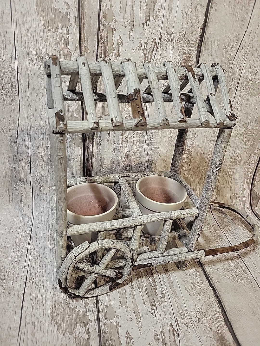 12″ Wood Twig Built Wheel Barrel Planter Flower Pot Decor Farmhouse Rustic
