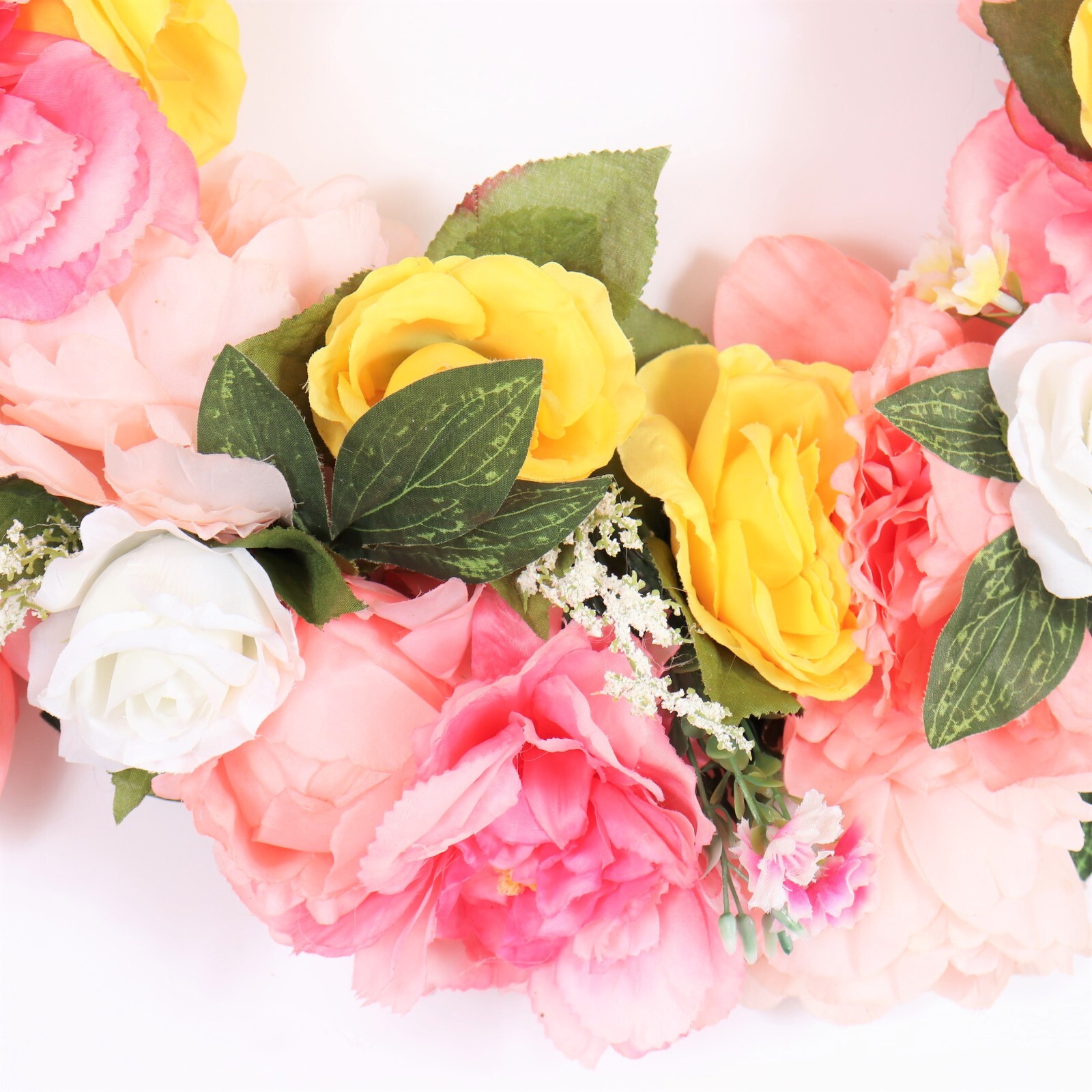 Beautiful Floral Wreath in Pinks Yellow and White with Green Leaves