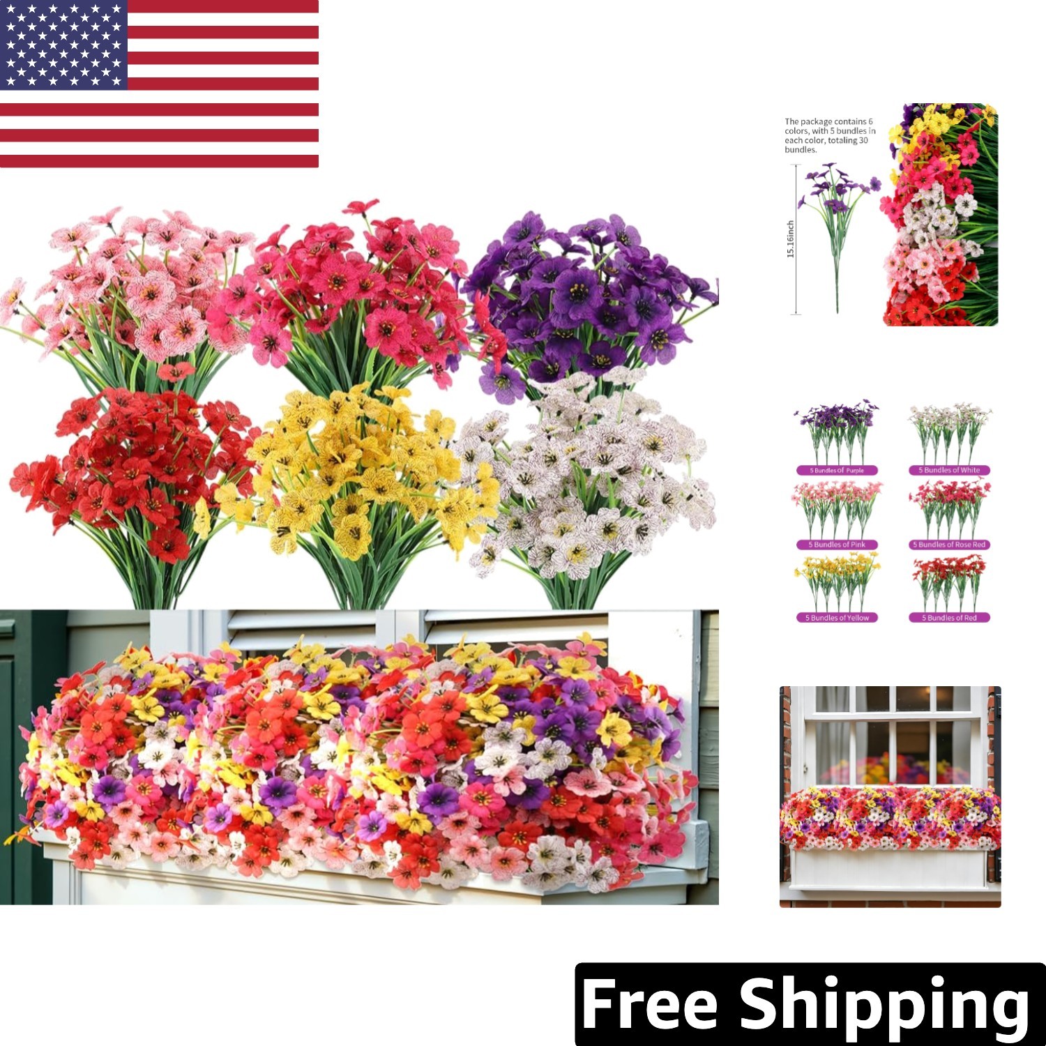 Lifelike Faux Flowers – 30 Bundles UV Resistant, Perfect for Home & Garden Decor