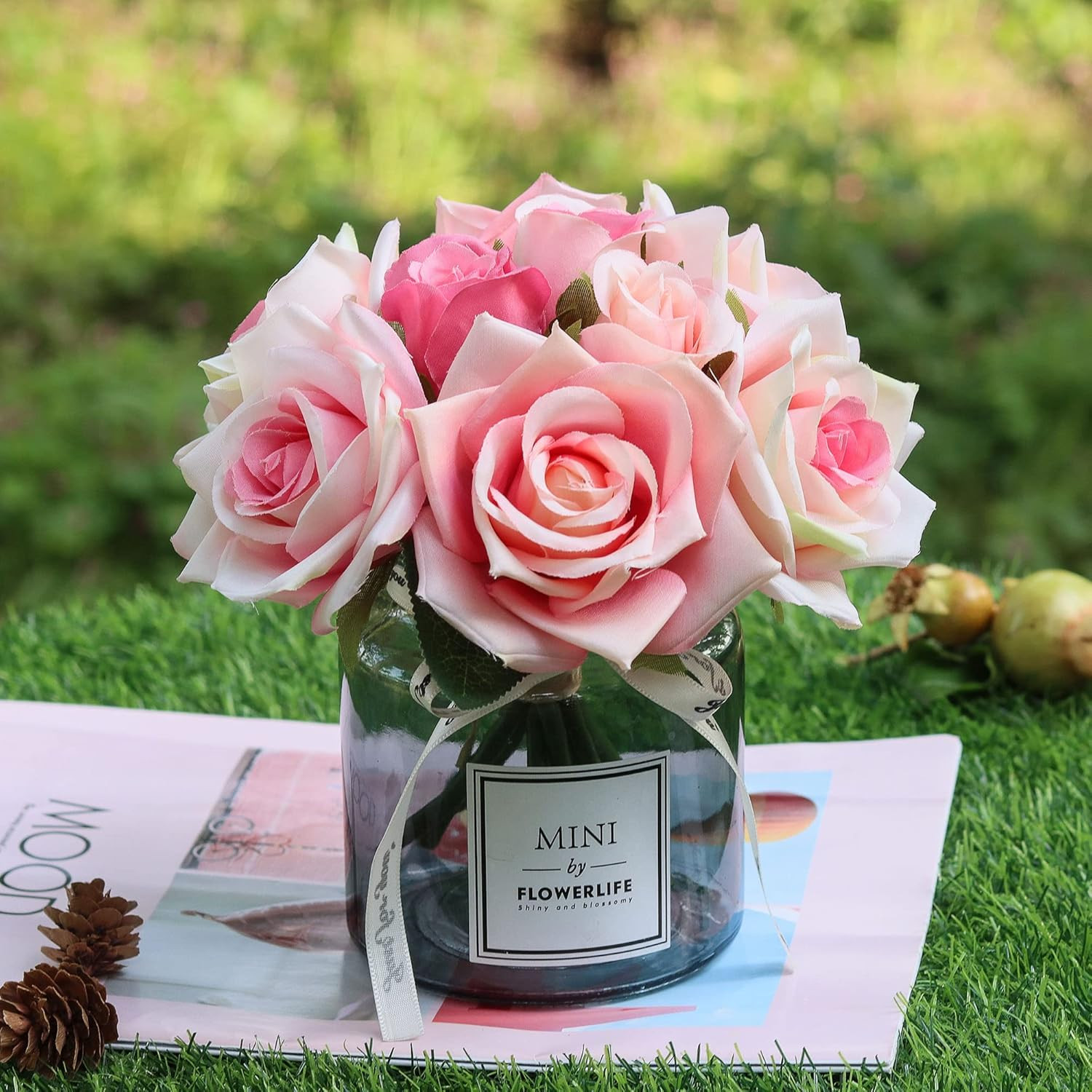 Artificial Flower and Glass Vase, Silk Rose Flower Glass Bottle Set, Suitable fo