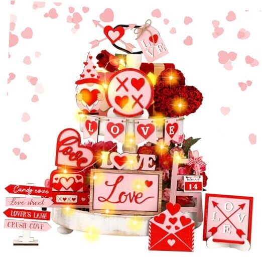 17 Pcs Valentines Tiered Tray Decor Set Red Pink Gnome Love Valentine