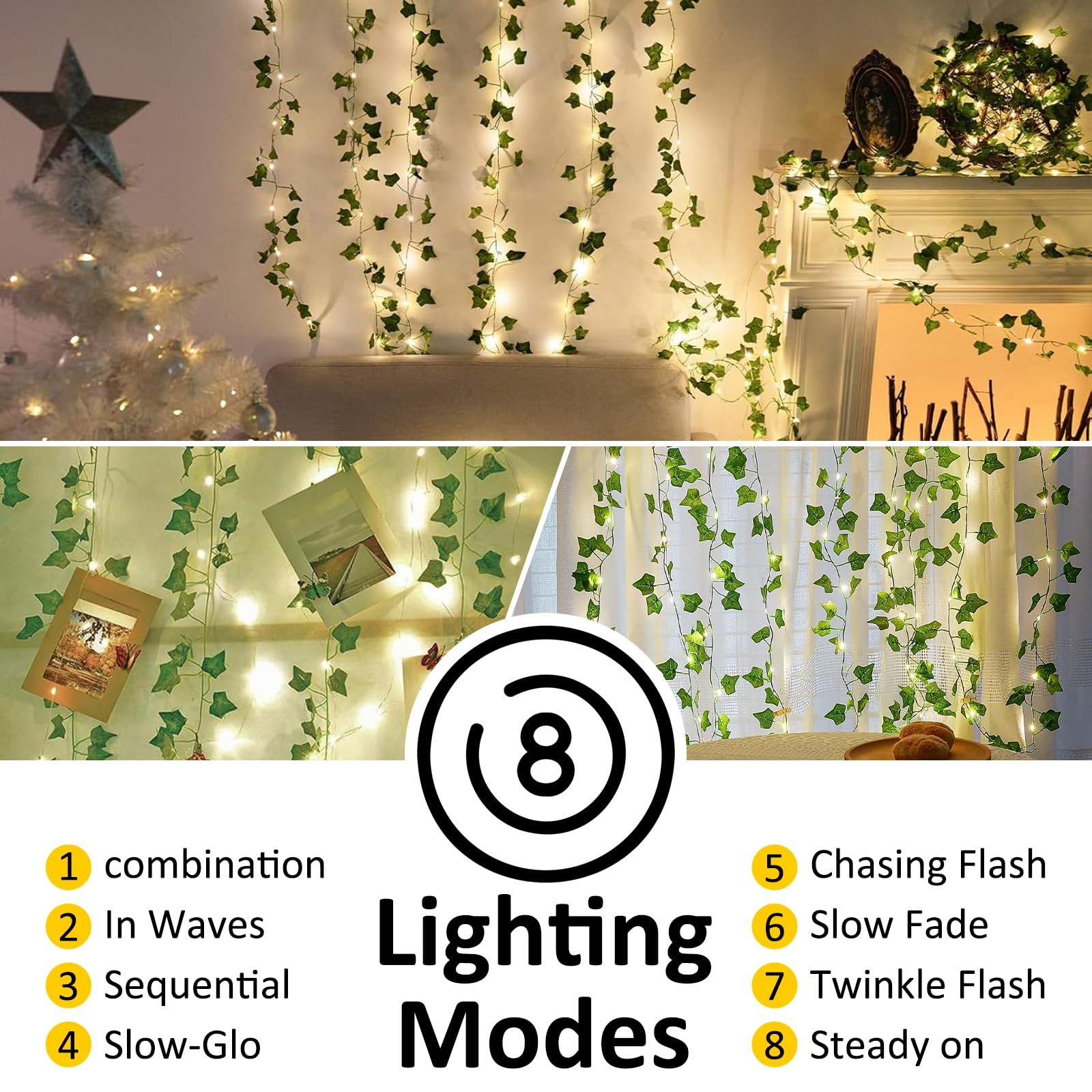 33Ft 100 LED Warm White Ivy Leaf Vine Fairy String Lights Battery Remote