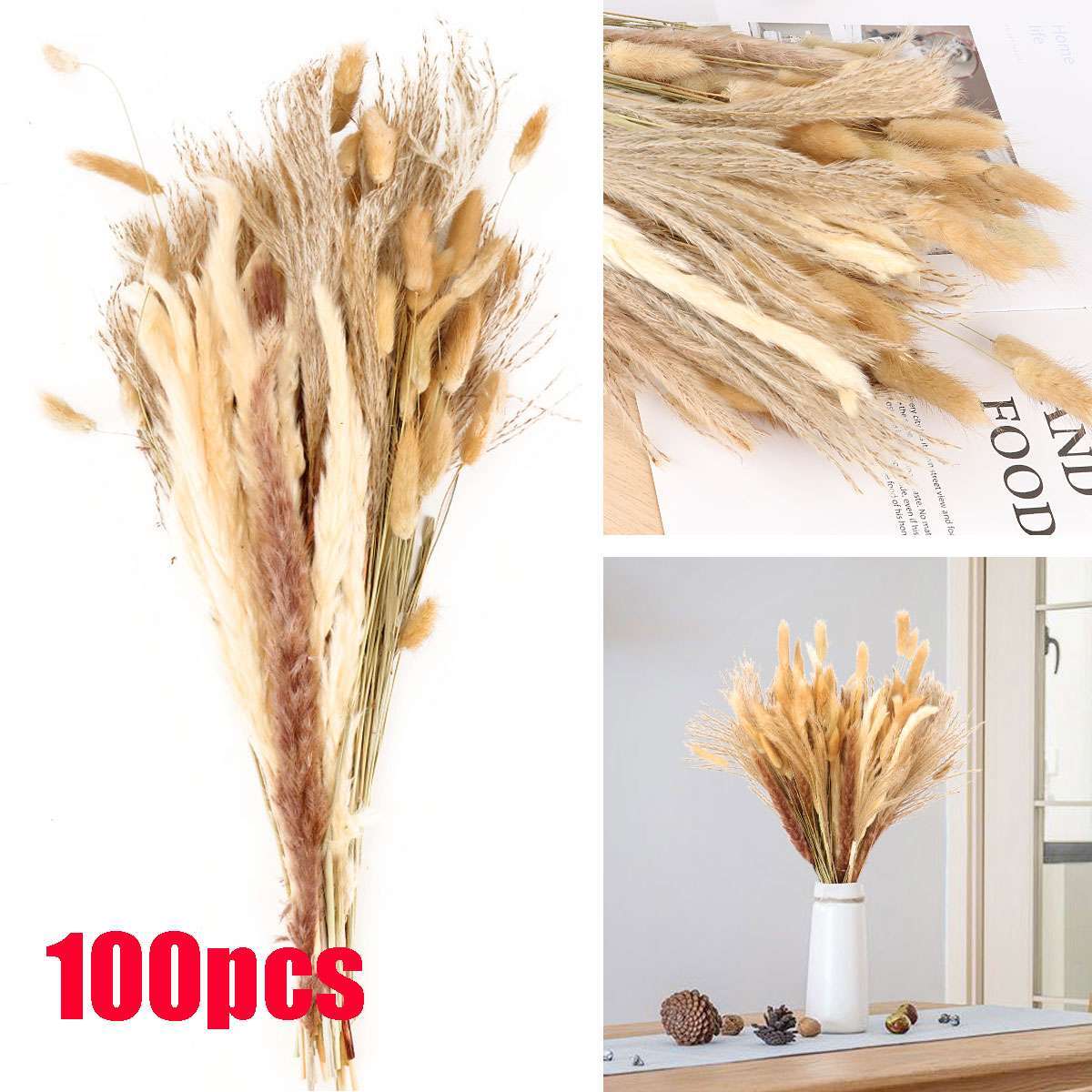 100 PCS Pampas Grass Natural Dried Reed Flower Bunch Home Wedding Decor Bouquets