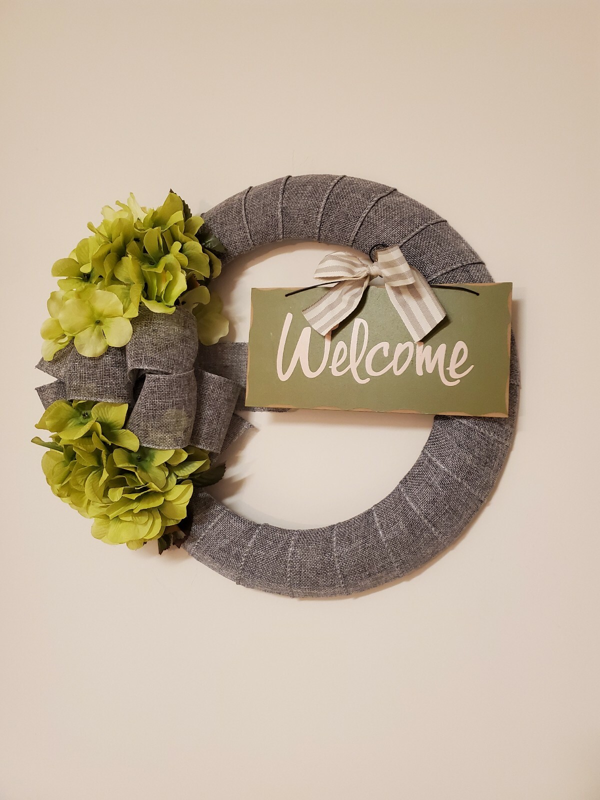 WELCOME green FLOWER Hydrangeas burlap WREATH FALL autumn Decor Front Door 15″