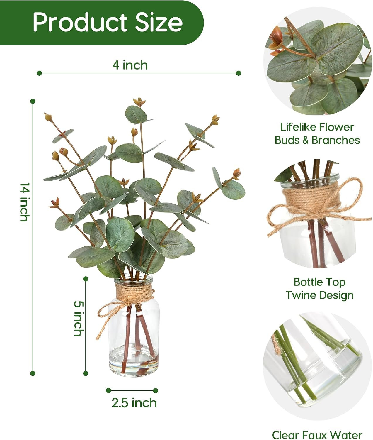 Faux Eucalyptus Stems in Vase with Faux Water, Fake Plants Artificial Eucalyp…