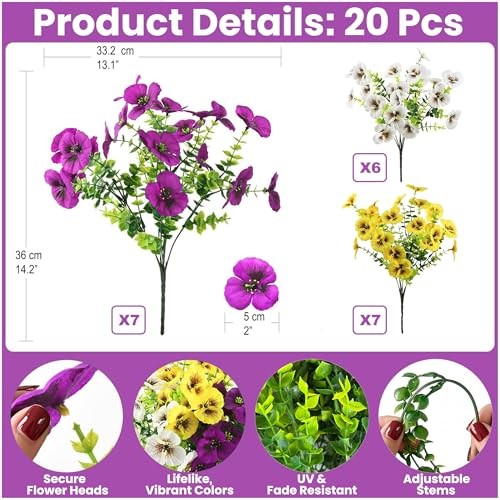 UV Resistant Artificial Pansy Flowers for Outdoors – 20 Purple, Yellow & White