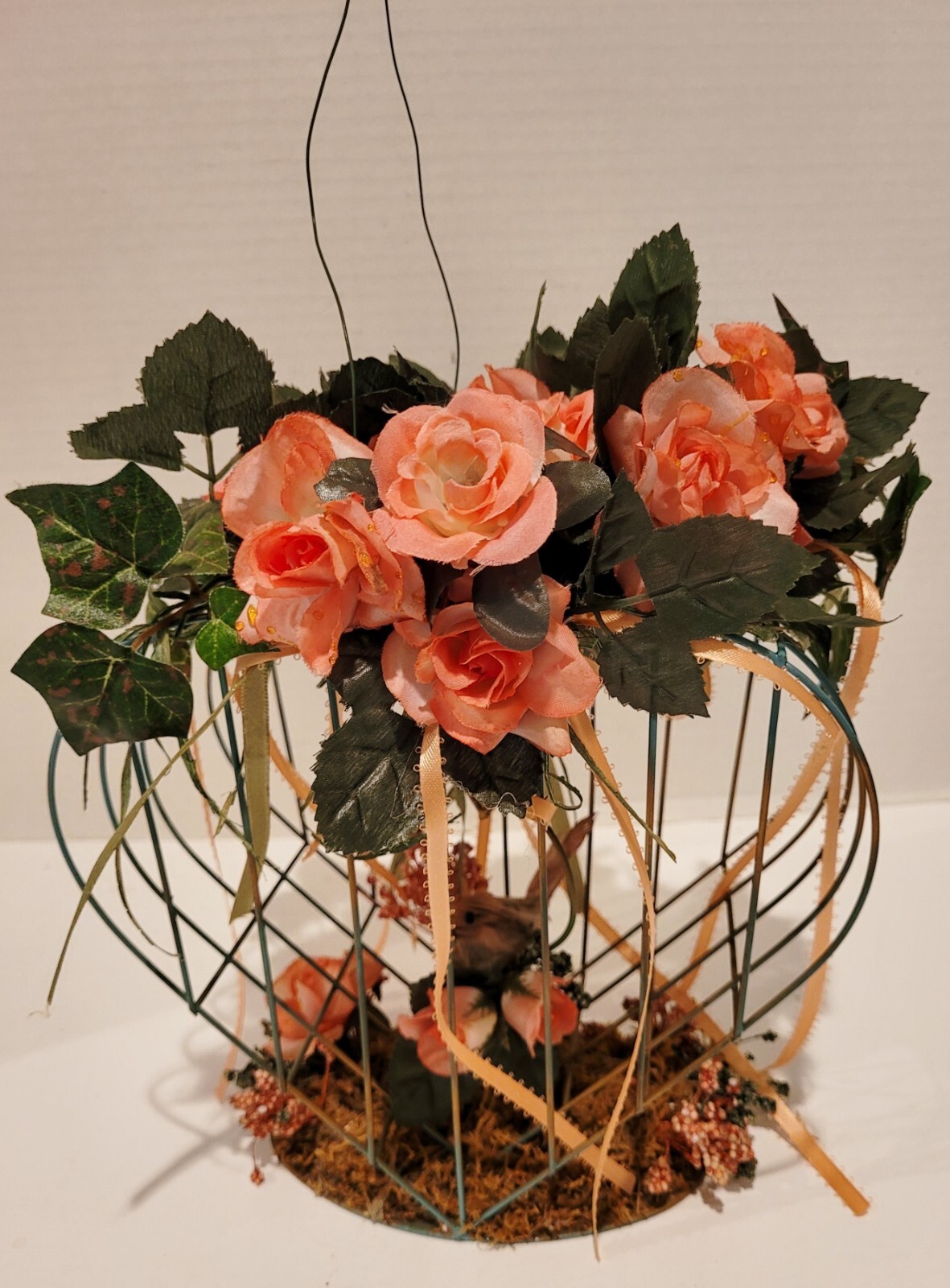 Handcrafted Mothers Day/Spring Arrangement in Green Metal Birdcage~w/Bird~9.5″T