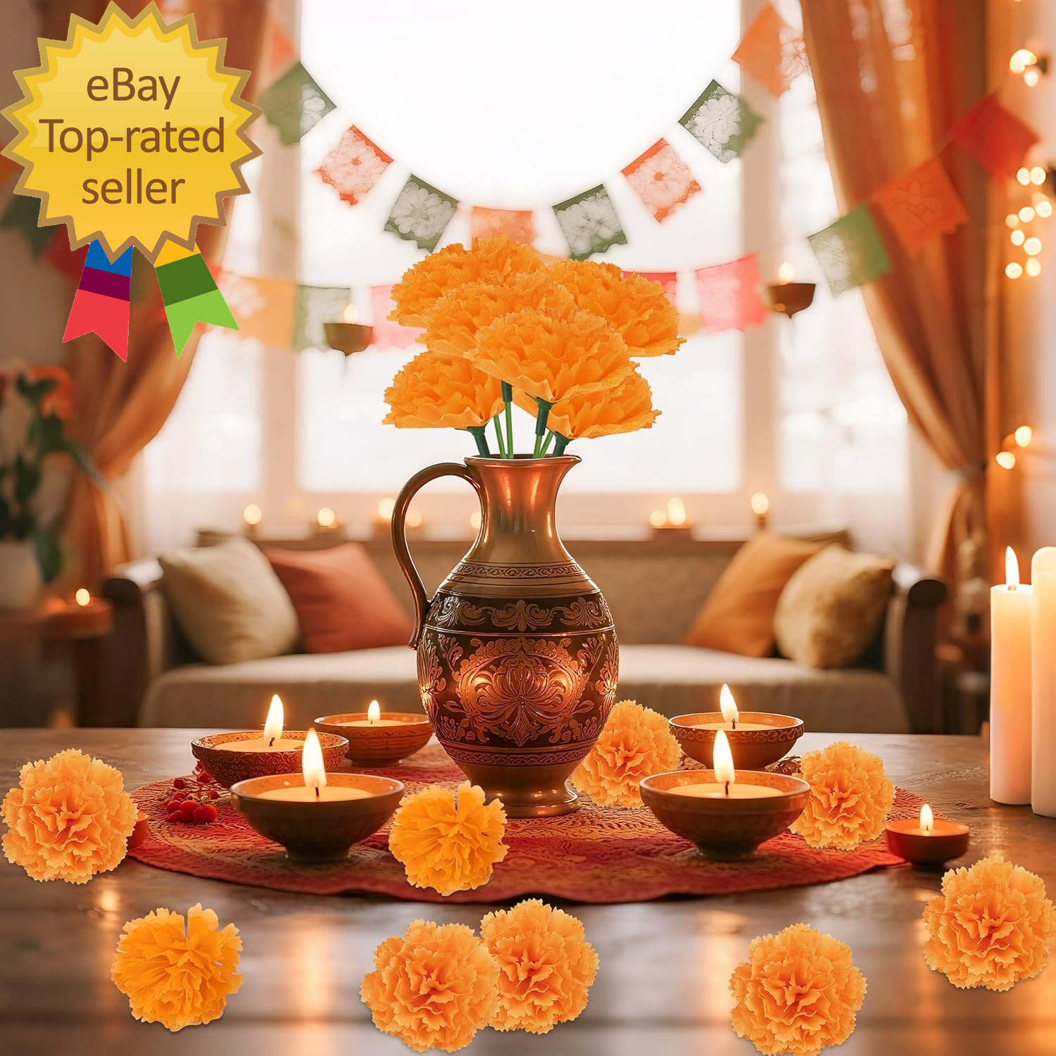 80 Pcs Artificial Marigold Flowers 2″ Silk Marigold Flower Heads with Stems