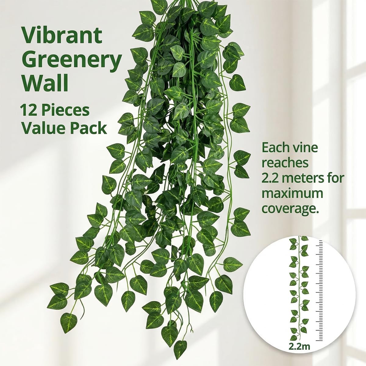 12 PCS Epipremnum Aureum Leaves Green Vines Fake Hanging Plant Wall Decor