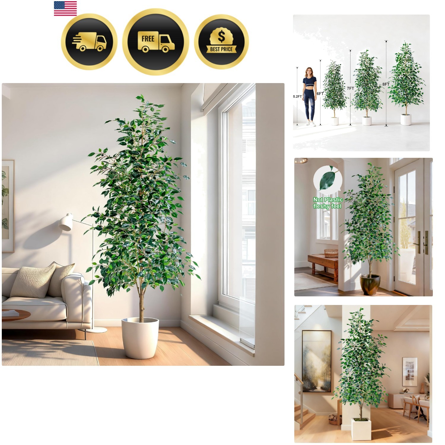 Artificial Ficus Tree 6FT Indoor Faux Tree with Pot Real Looking Green Decor