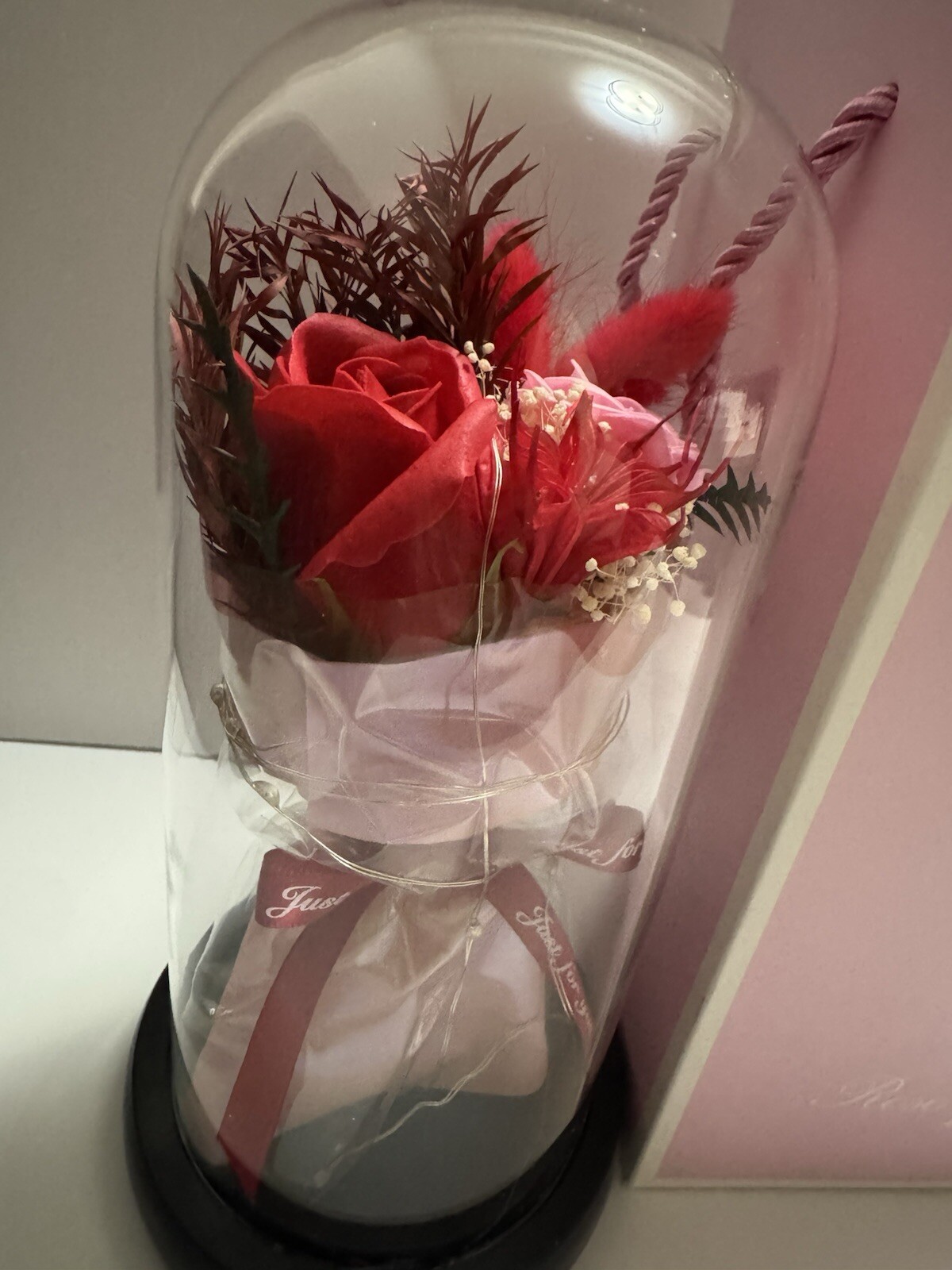 Rose Of Love LED Lights Red Rose Glass Dome. NIB.