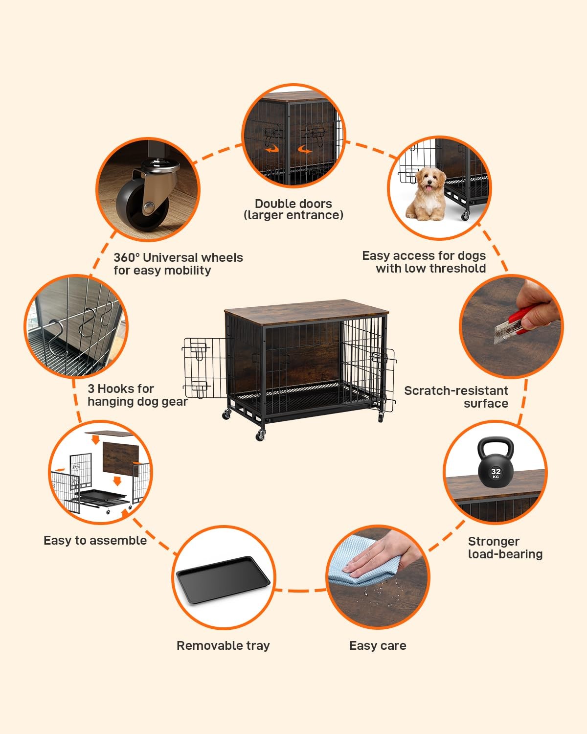 Furniture Style Dog Crate With Removable Tray 38.6″L x 25.6″W x 26.8″H, Brown