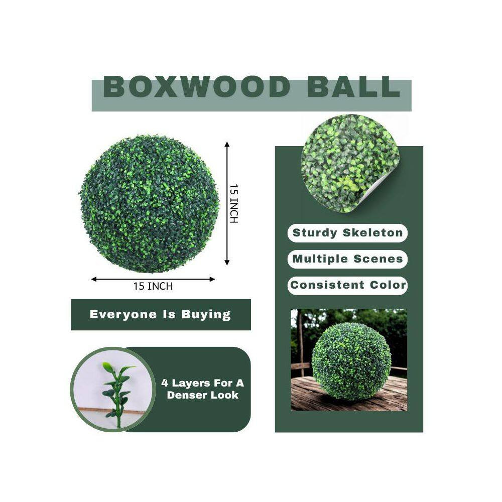 15 In. 2-Pieces Artificial Plant Topiary Ball Faux Boxwood Decorative Balls for
