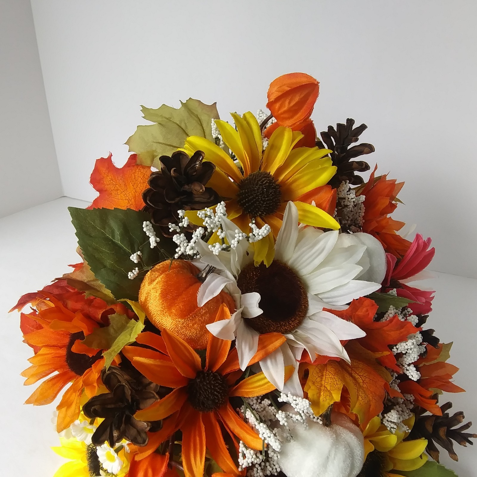 Fall Cornucopia Centerpiece Sunflowers Pinecones Maple Leaves Harvest Decor