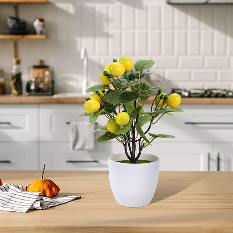 2 PCS Artificial Mini Lemon Tree Potted Plant Faux Bonsai Simulation Decor