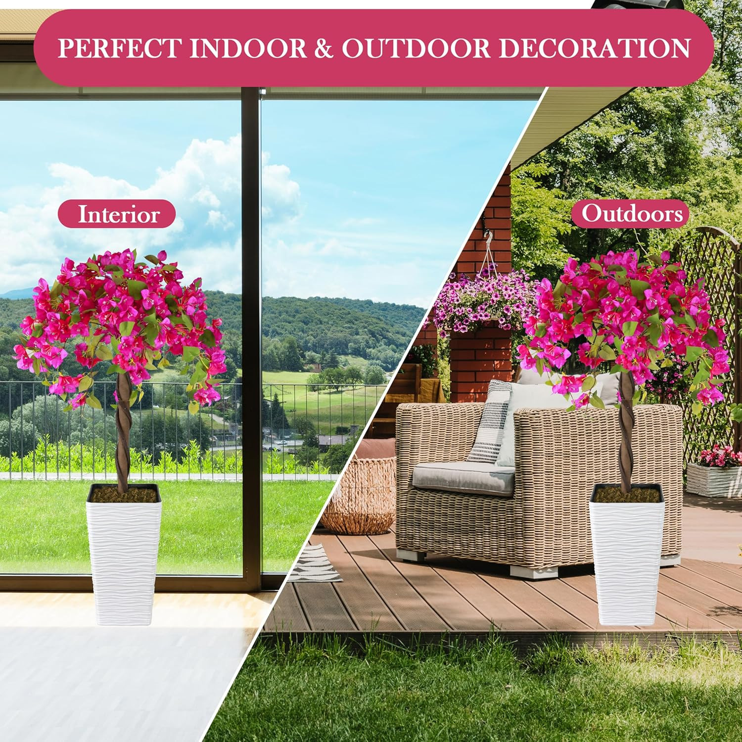 2 Packs 4FT Artificial Bougainvillea Tree, Fake Floral Tree with Flower Pot, Dec
