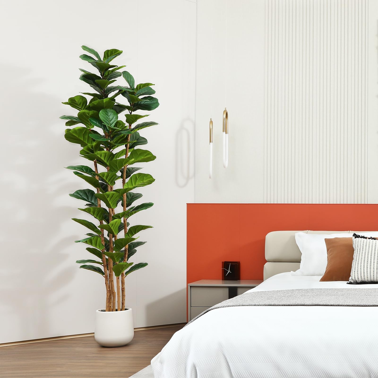7ft Artificial Fiddle Leaf Fig Tree with White Planter, Tall Fake Tree with 5…