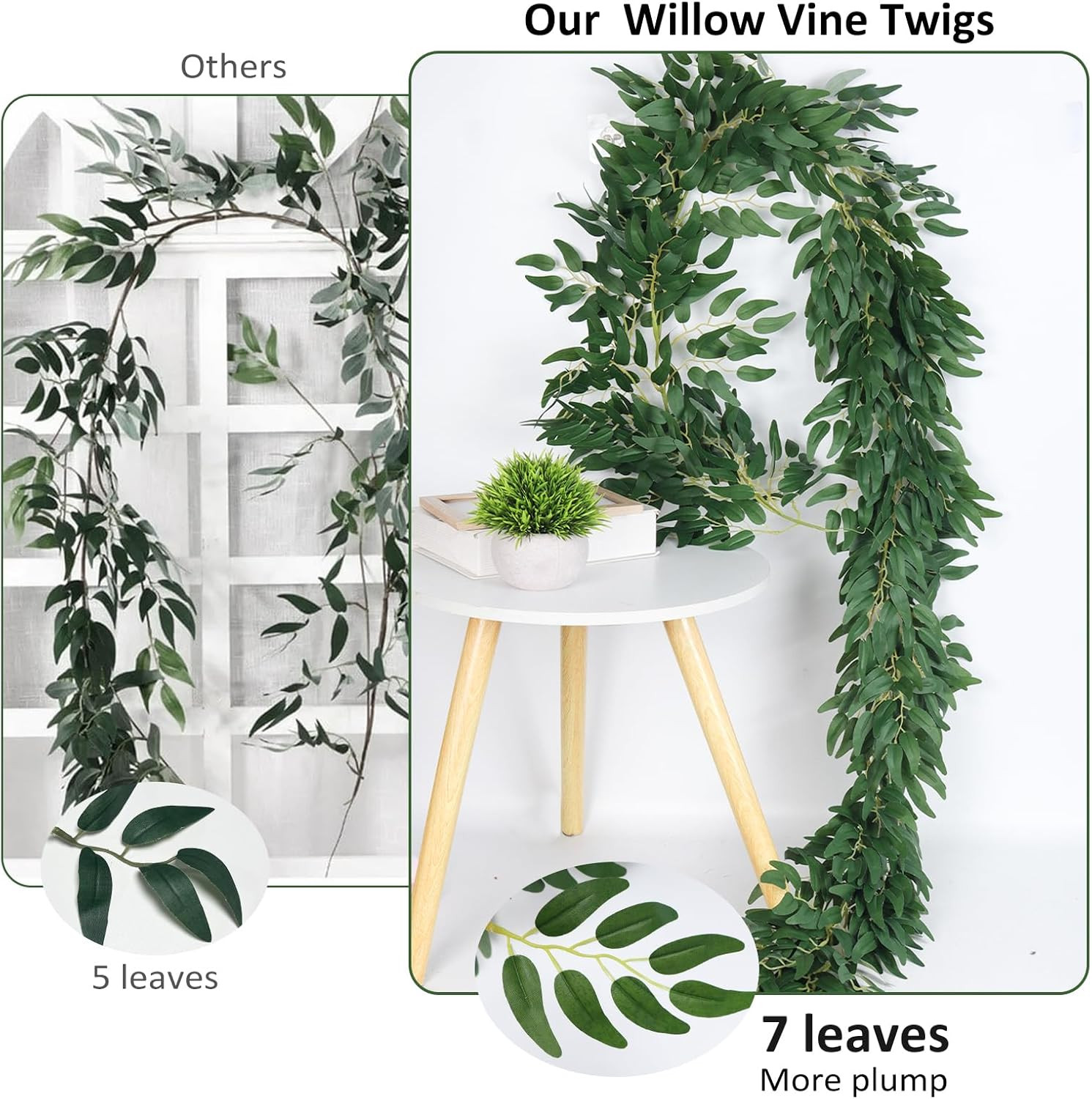 Artificial Willow Leaves Vine Twigs 2Pcs 6Ft Fake Hanging Plant Silk Willows Lea