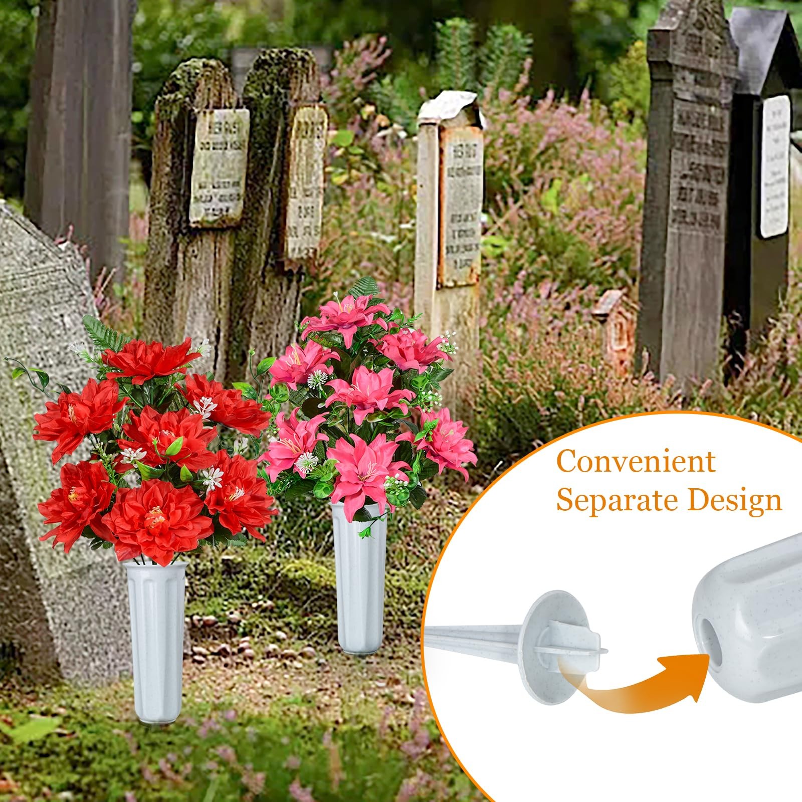 4 Set Red Artificial Cemetery Flowers Grave Memorial Flowers with Vase Bouquets