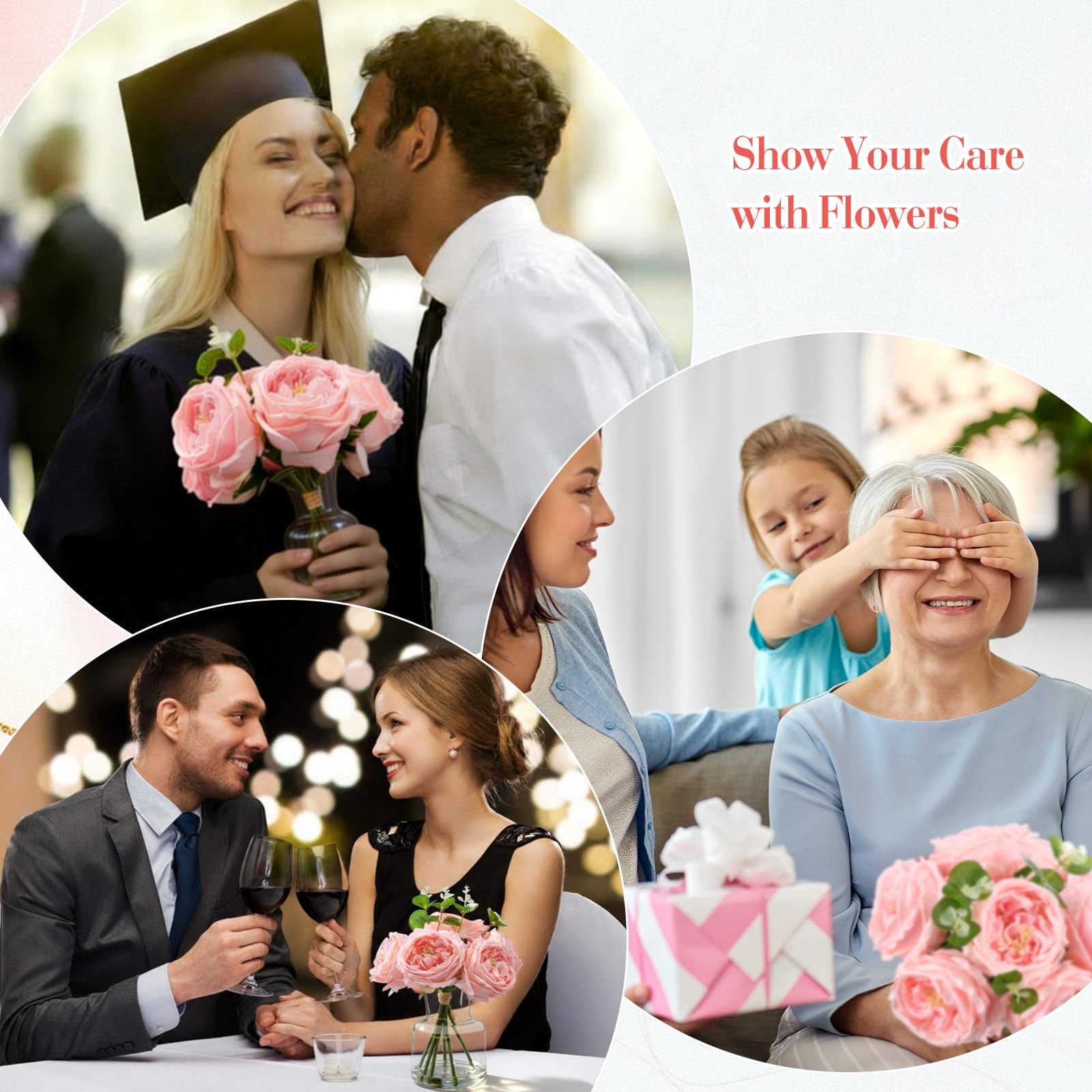 6 PCS Real Touch Peonies Artificial Flowers Faux Austin Rose In Vase Pink