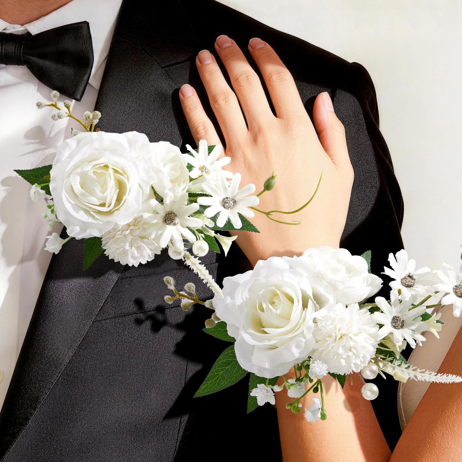 2 PCS White Rose Boutonniere & Wrist Corsage Set Wedding Prom Homecoming