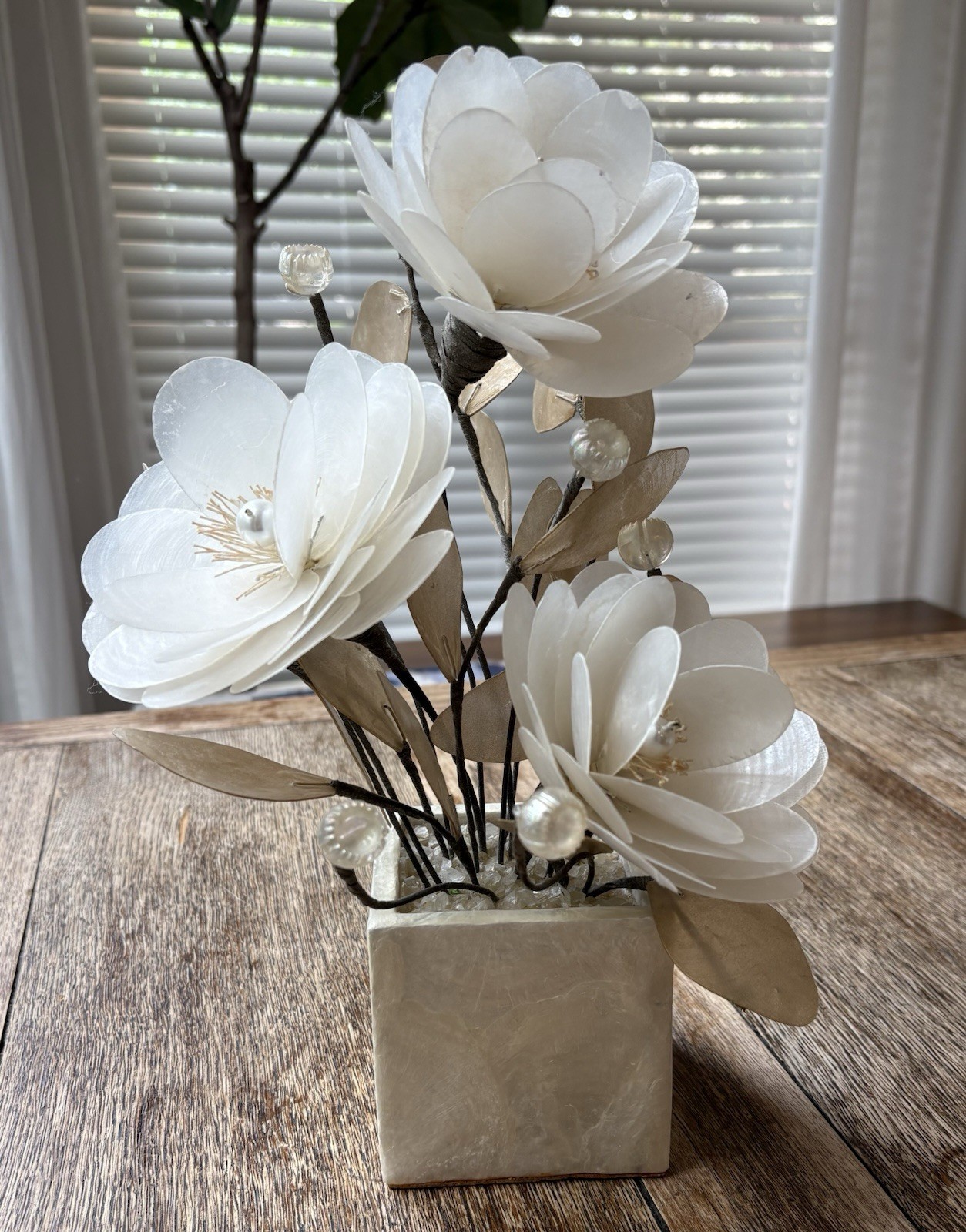 Capiz Shell Flower Display Vintage 1970’s Shell Craft Floral Made In Philippines