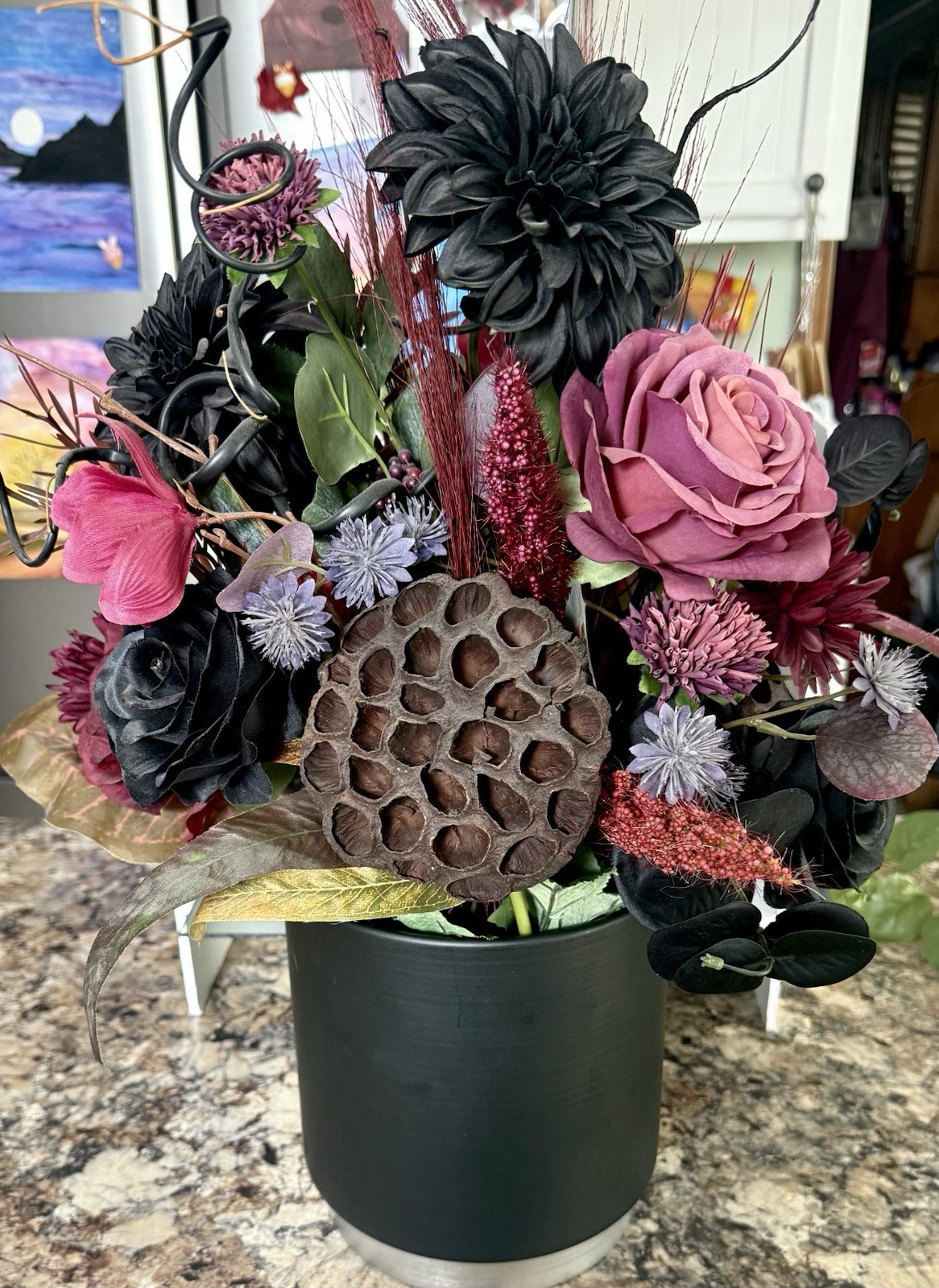 Pink Black Rose Centerpiece Floral Arrangement Art Decor Living Dining Beehive