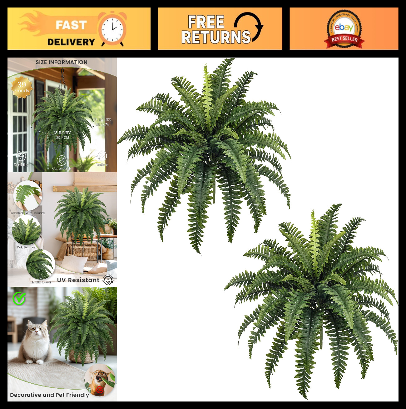 35″ Artificial Boston Ferns – Large Faux Bush Plants with 39 Fronds for Home & G