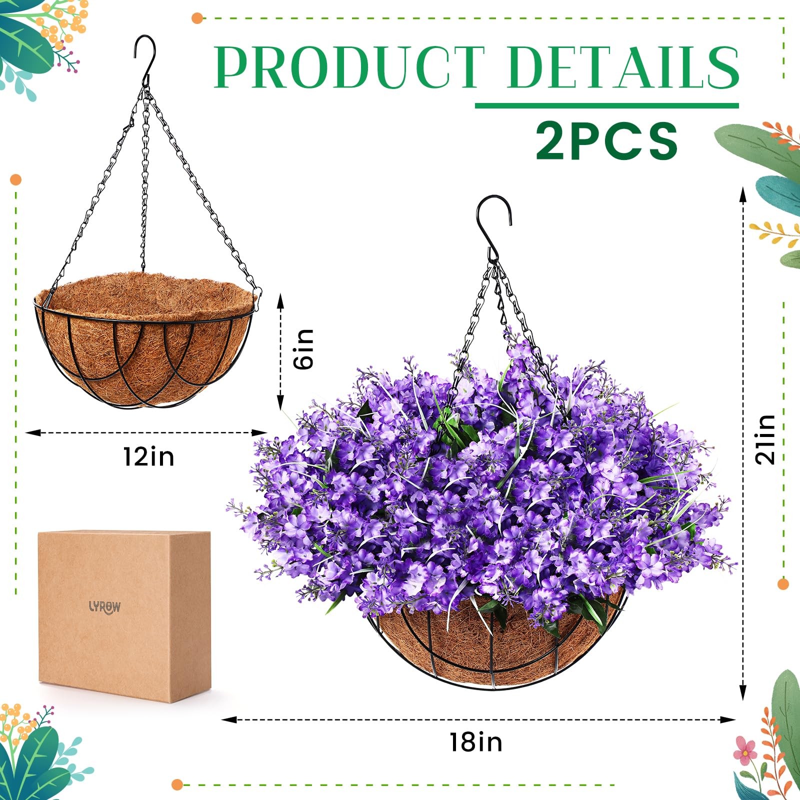 2 Pack Artificial Hanging Flowers in Basket for Spring Summer Porch Home Gard…