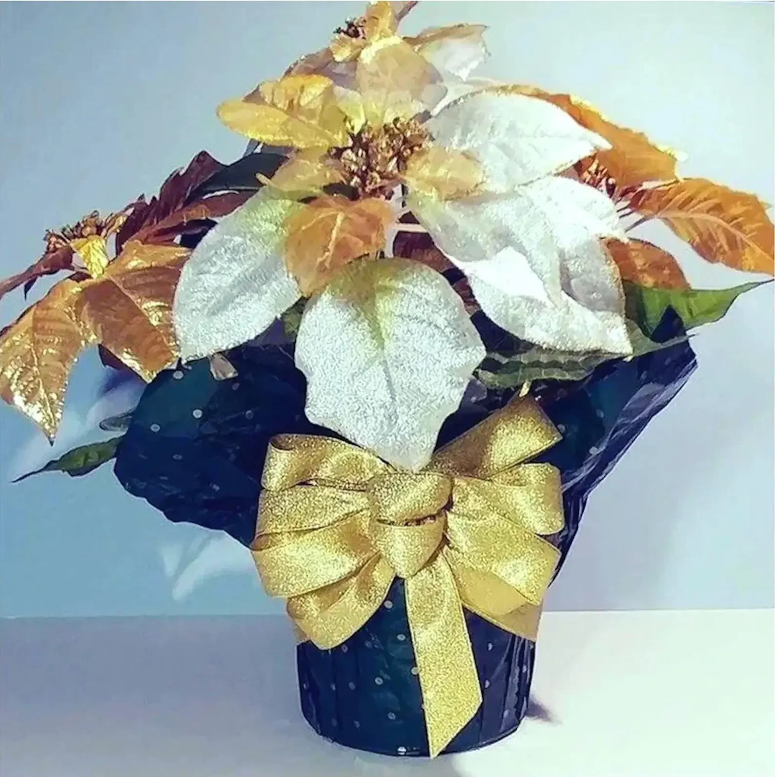 Fuax Potted Silk Poinsettia in Gold, Silver, & White Flowers Floral Centerpiece