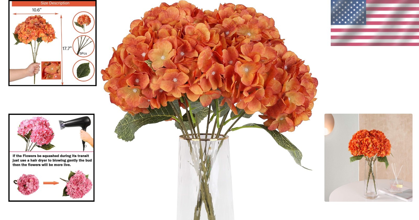 Classic European Style Hydrangea Bouquet – 5 Large Silk Flowers for Decoration