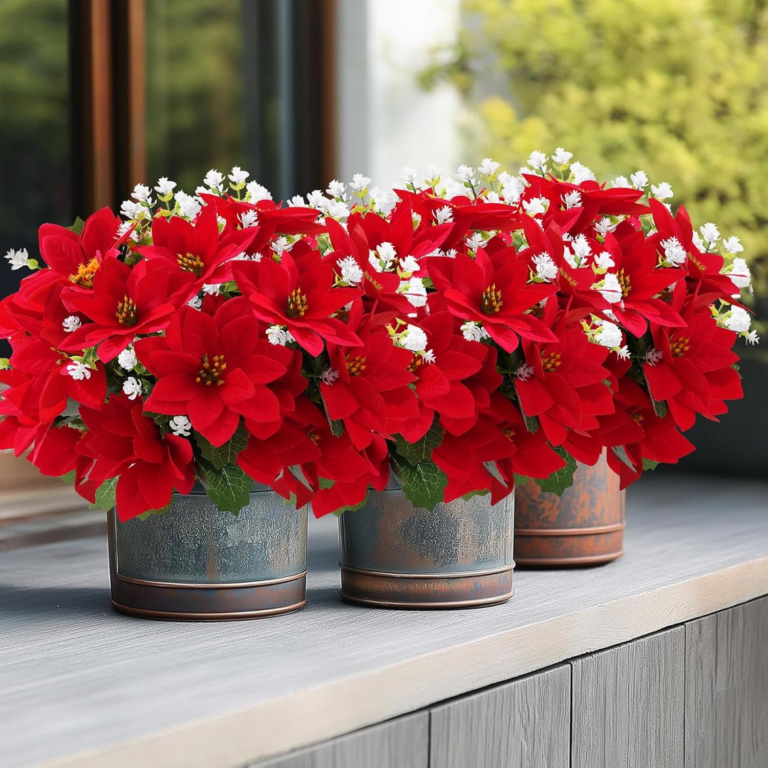 Christmas Artificial Flowers for Outdoors Red Poinsettia Flowers Artificial 1…