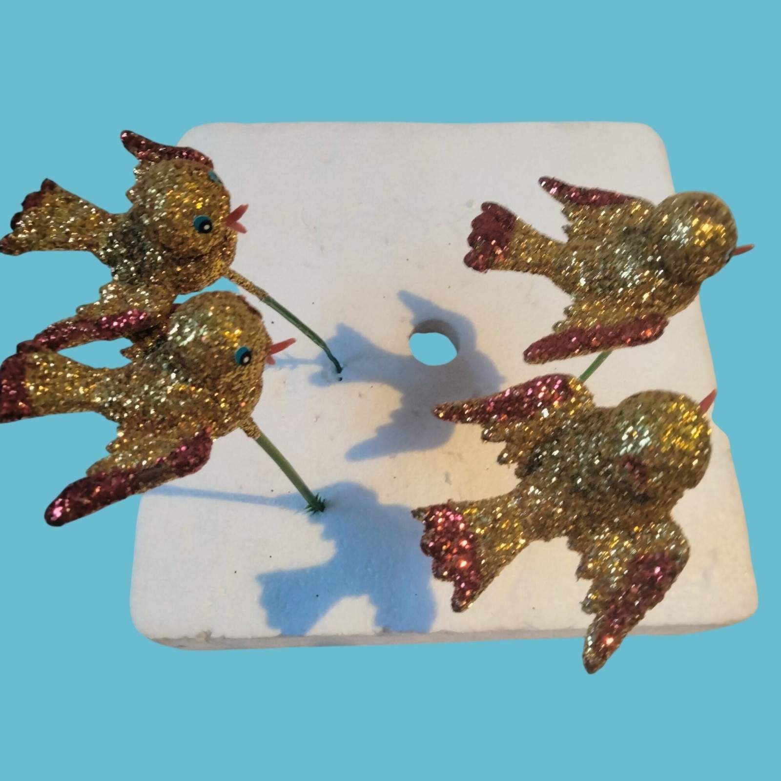 Glitter Gold Bird Ornament Green Wire Stem Decoration Crafting Lot 4
