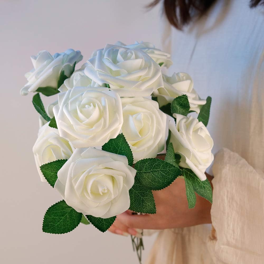 50Pcs Real Touch White Rose Artificial Flowers for Wedding & Party Decor
