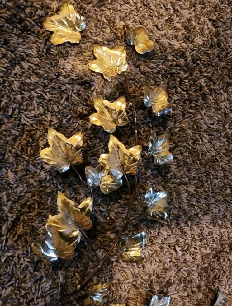 Vintage 3 Piece Set Of Brass Leaf And Copper Rose Long Stem 14″ Floral Wall Art