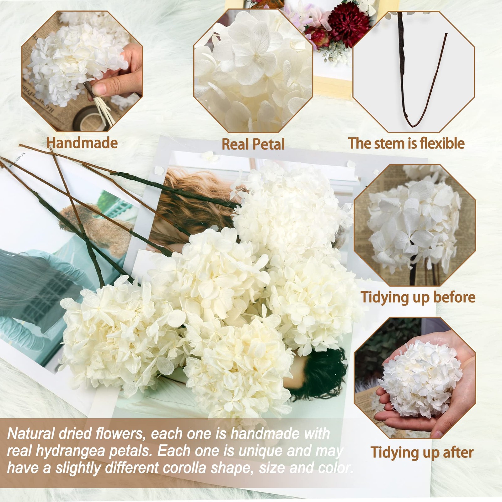 5 PCS Dried Preserved White Hydrangea Flowers – Length 14” Corolla Size 3”-