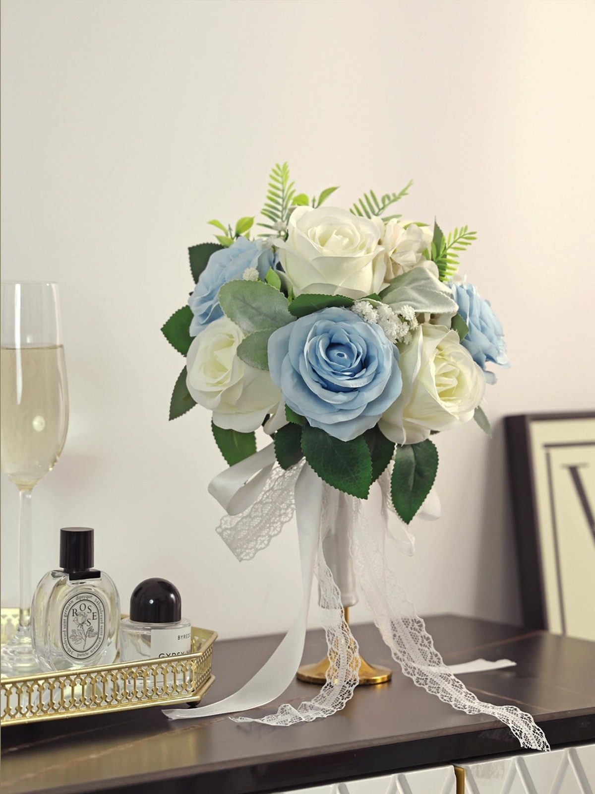 Dusty Blue White Wedding Bouquets for Bride Bridesmaid 9 Inch Ivory White Art…