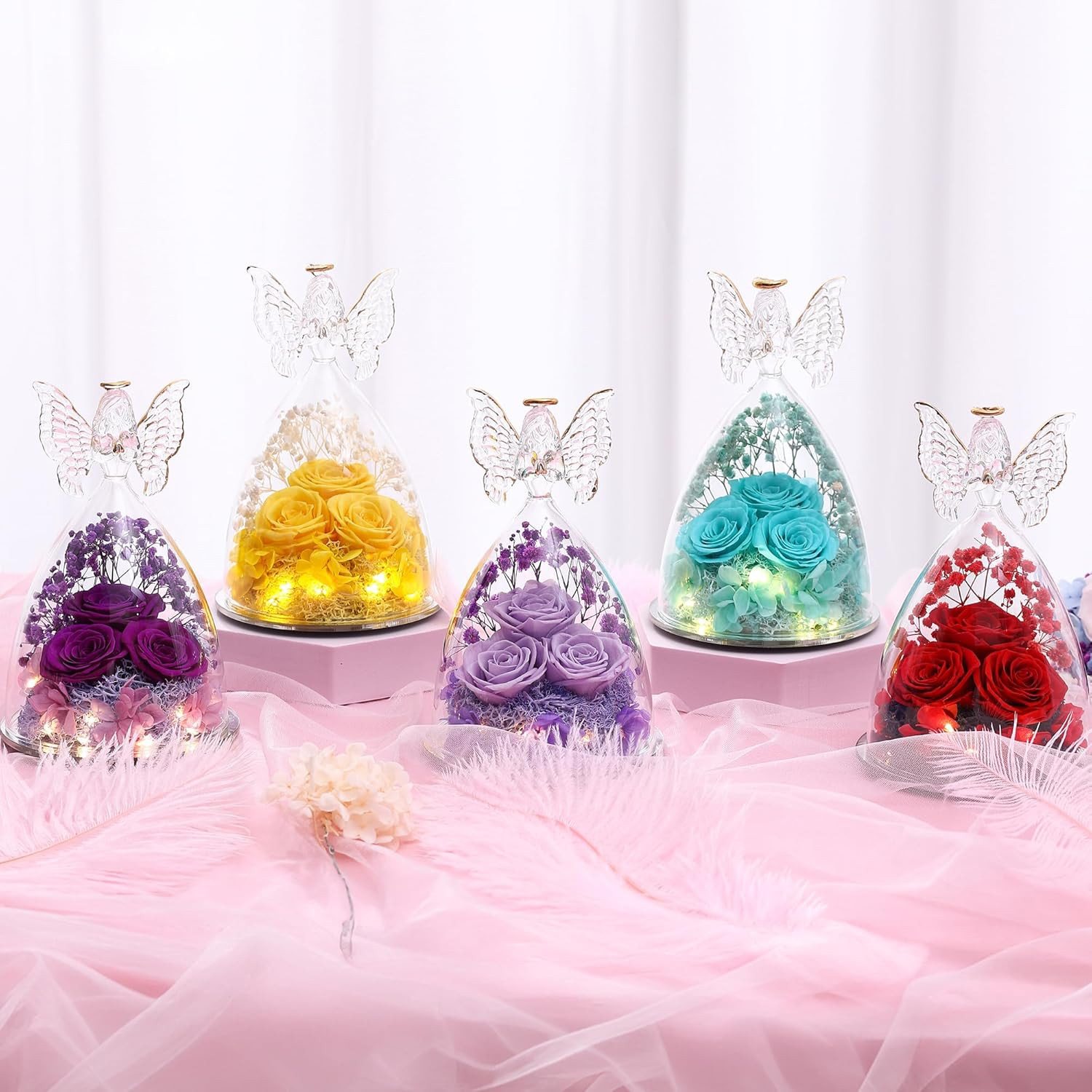 Mothers Day Rose Gifts for Women Preserved Real Flower in Glass Angel Figurines
