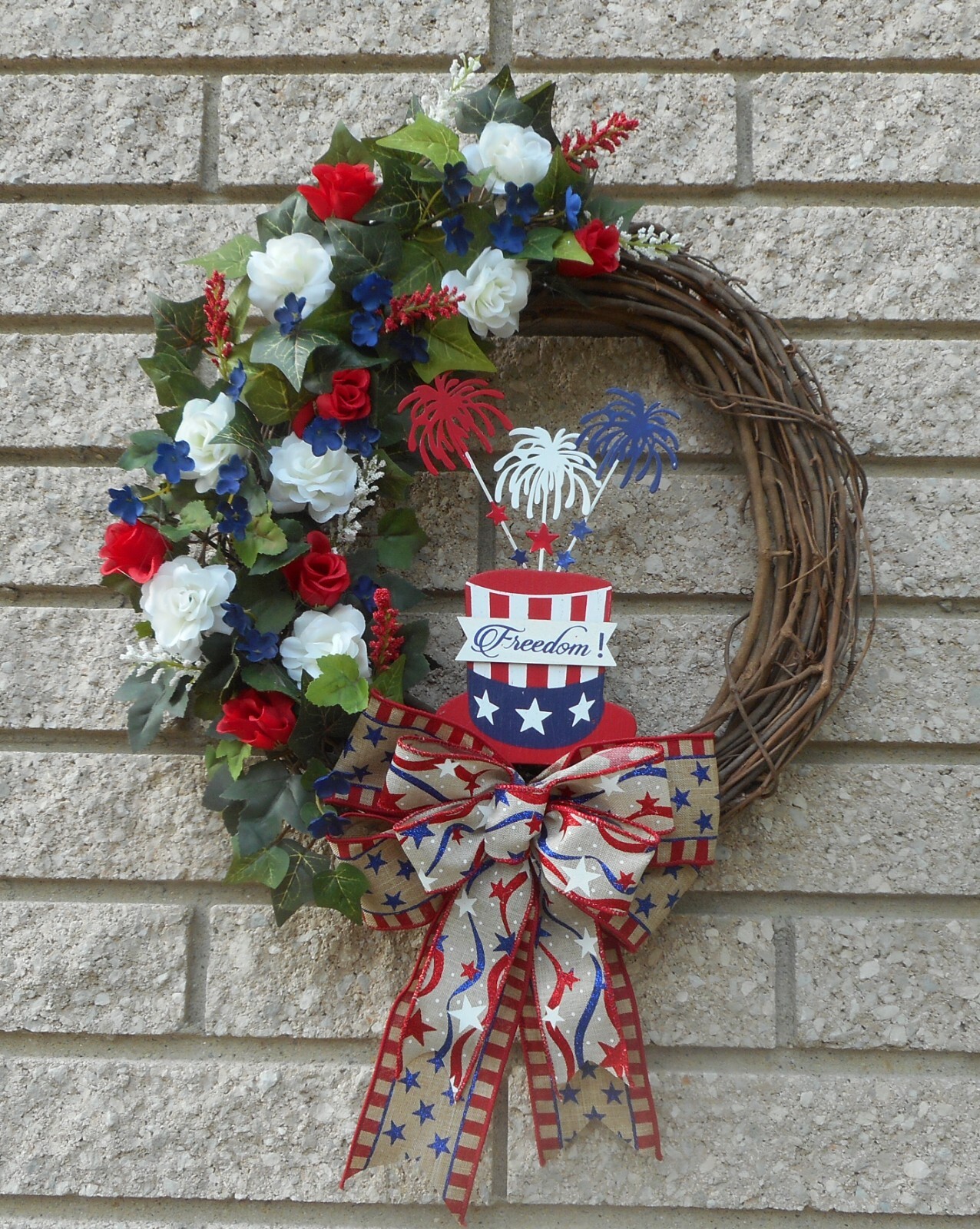 16″ Patriotic Freedom July 4th Red White Blue Floral Summer Grapevine Wreath