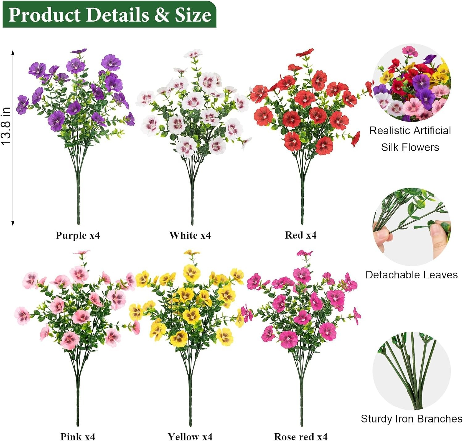 24 Bundles Artificial Flowers for Outdoors UV Resistant Silk Fake Flowers Faux