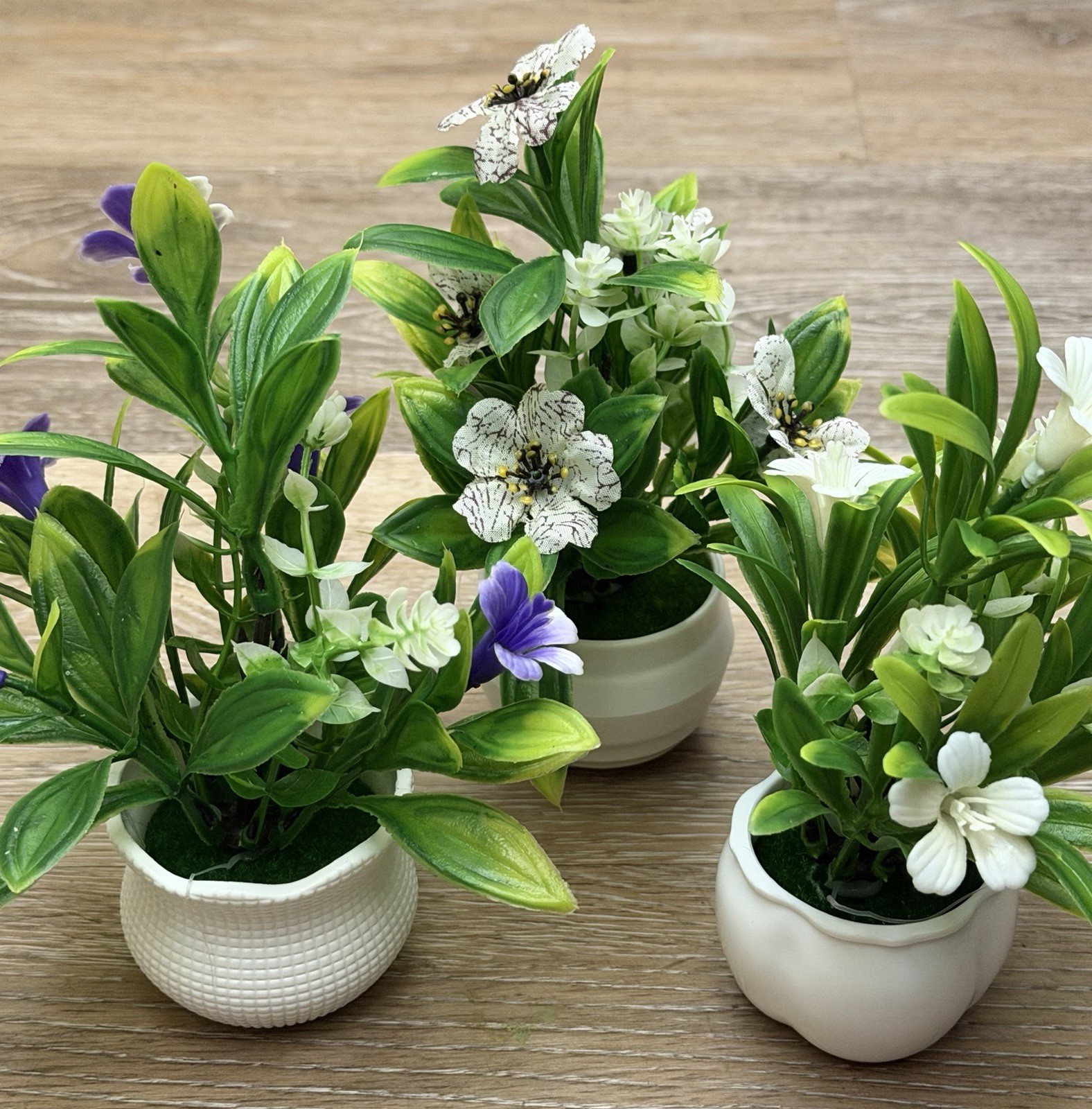 Set of 3 Artificial Flower & Greenery Plants in White Pots – Home Décor (SKU 001