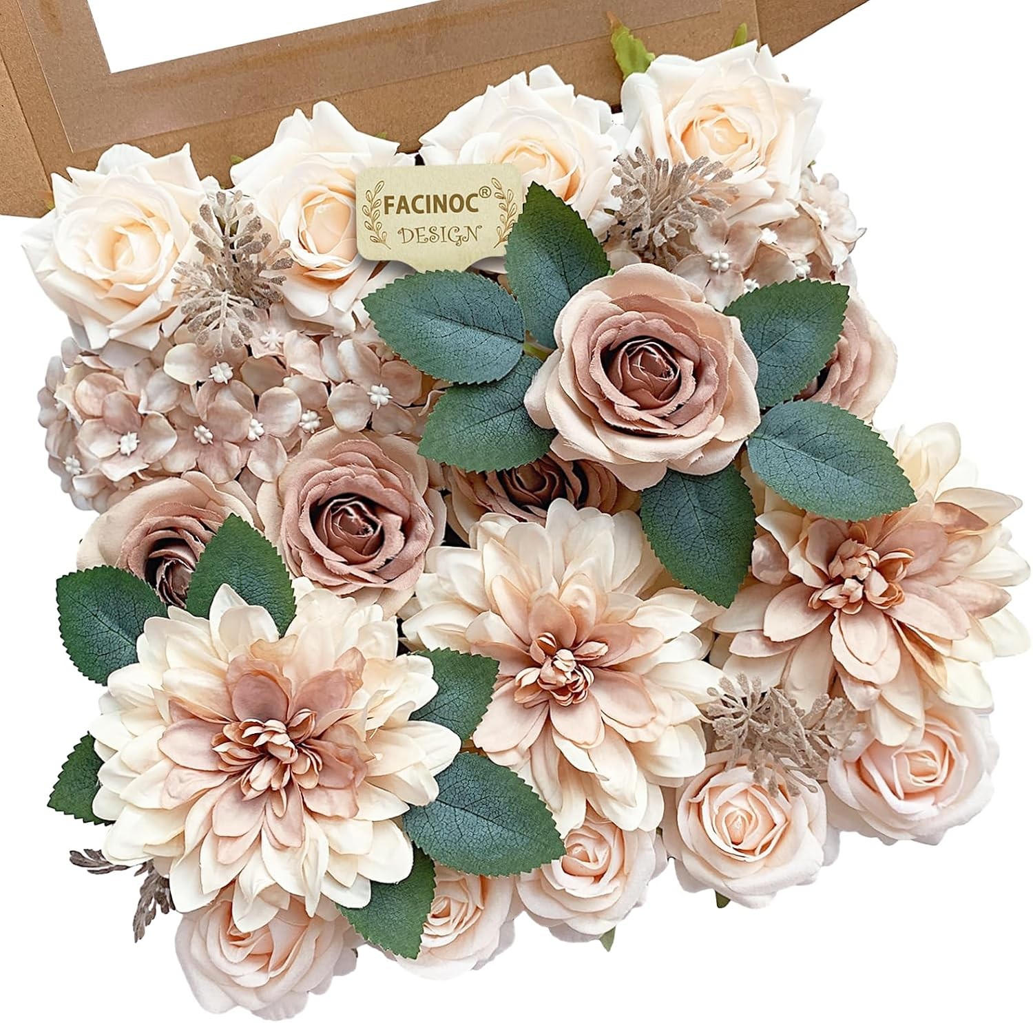 19 Pcs Dusty Blush Pink Roses, Artificial Bouquet Box Set DIY Bridal
