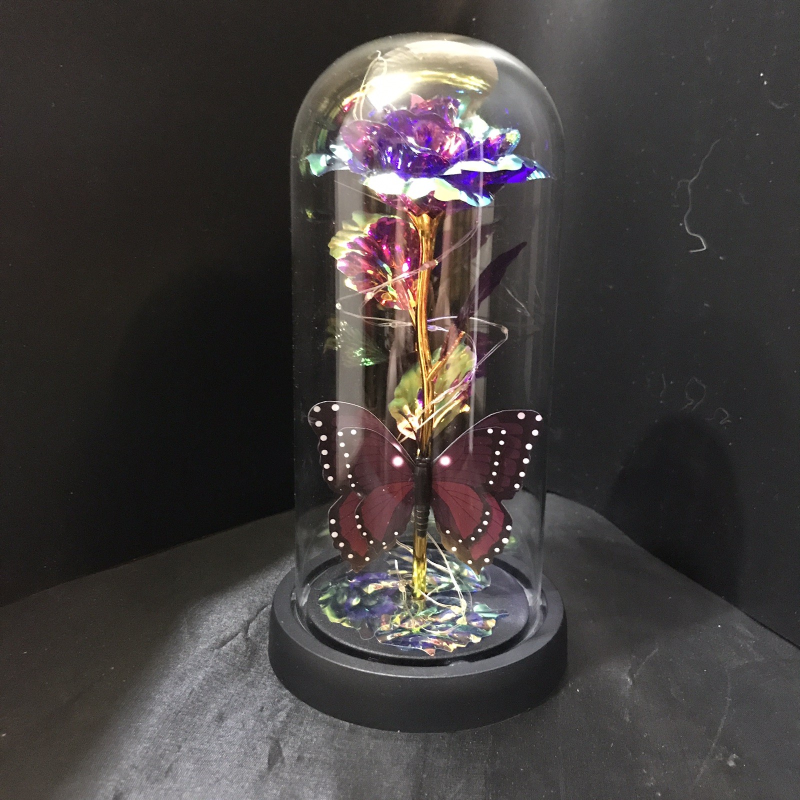 Foil Rose Flower Glass Dome LED Lights with a Butterfly Gift to a Special Person