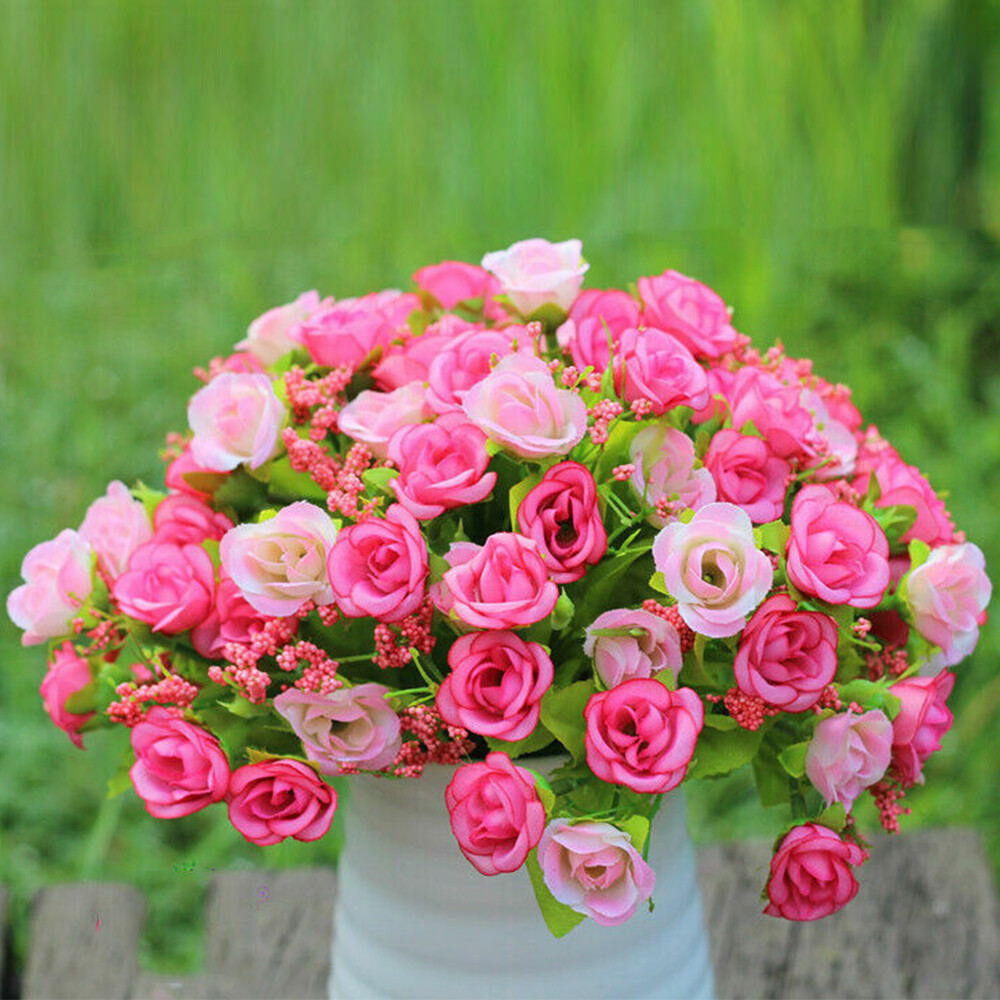 21 Heads Artificial Rose Bud Fake Silk Flowers Bouquet Wedding Party Home Decor