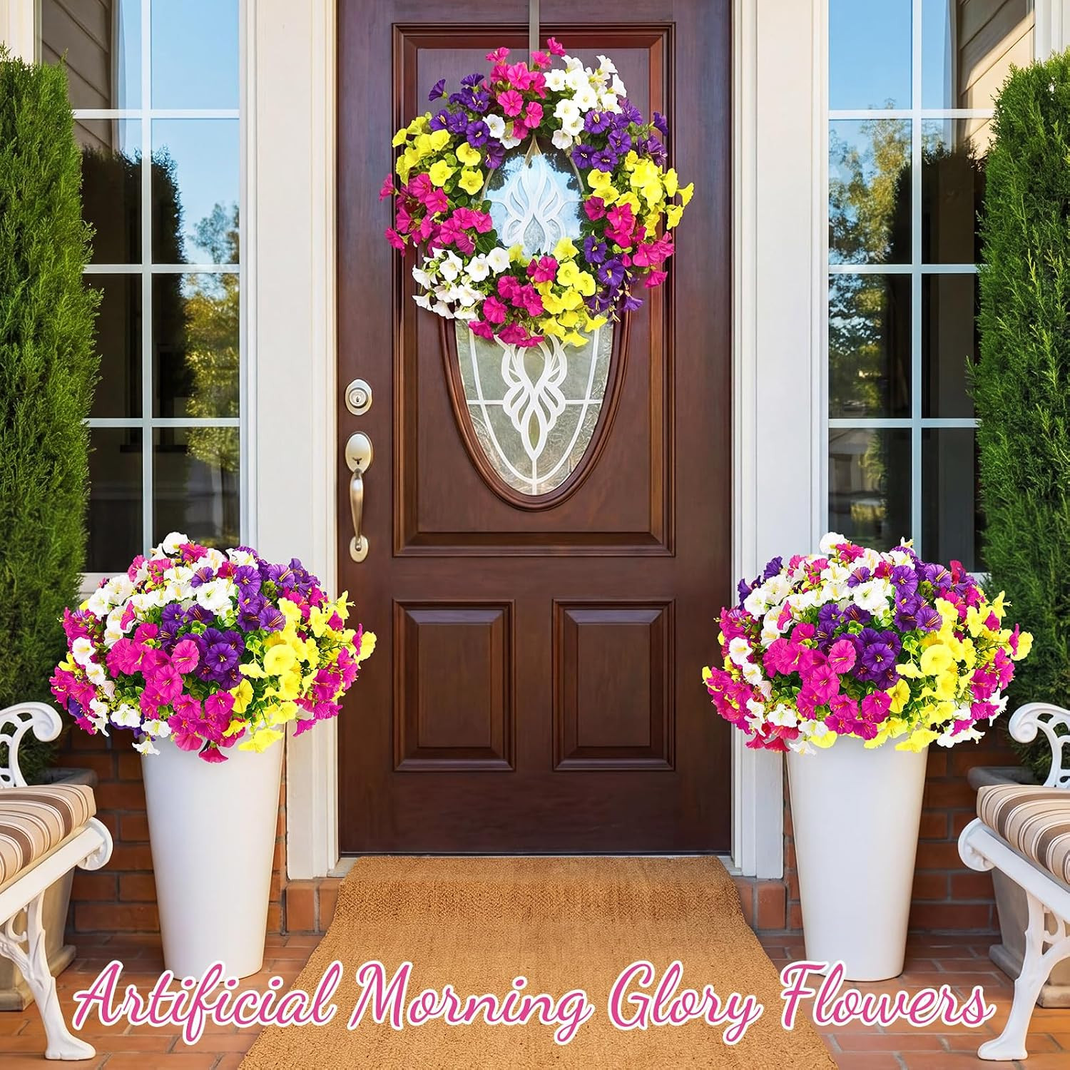 40 Bundles UV Resistant Artificial Morning Glory & Eucalyptus Flowers for Outdoo