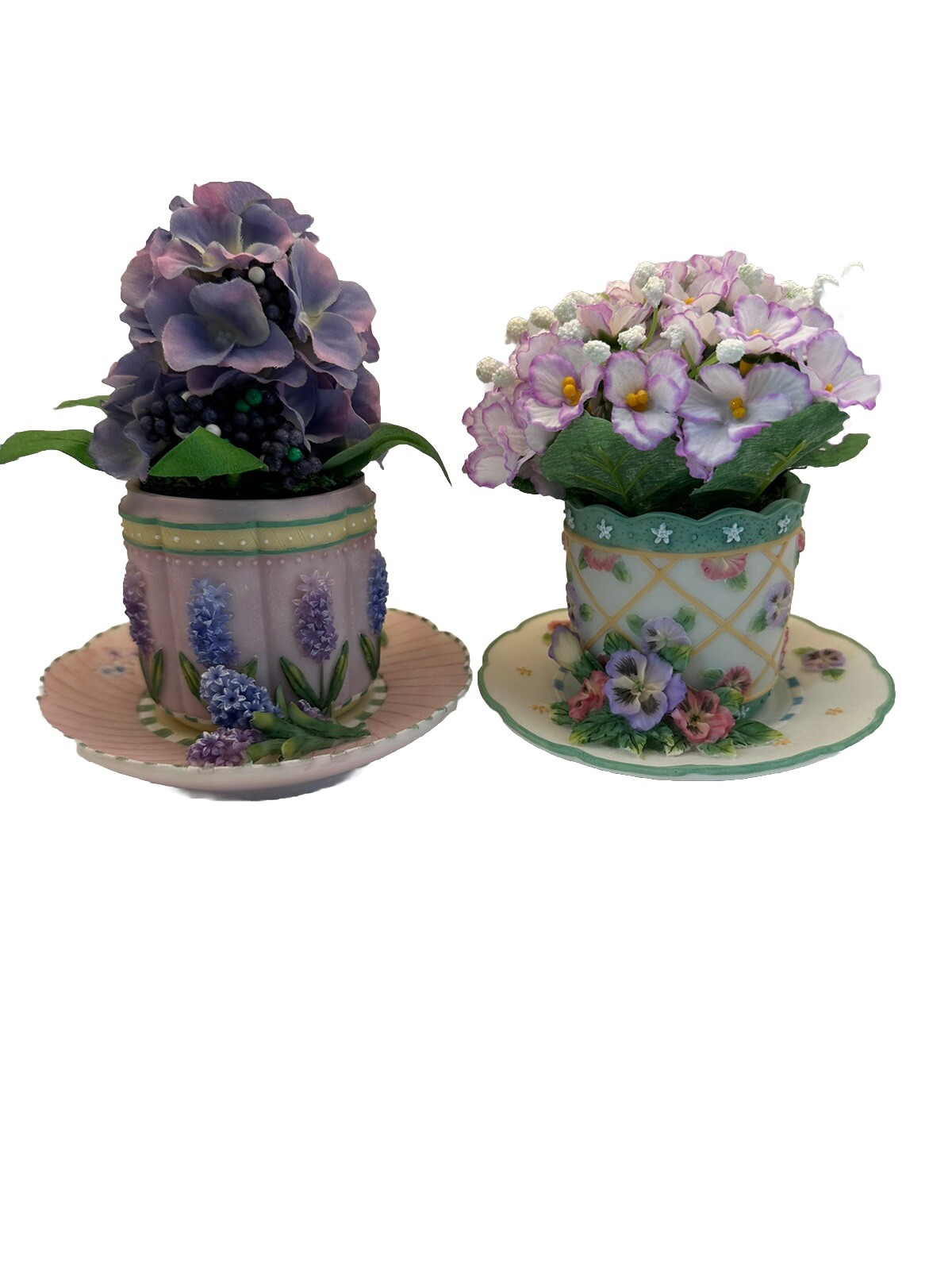 Set of 2 Resin Teacups Mug with Faux Flowers A Richesco Corp CottageCore Decor