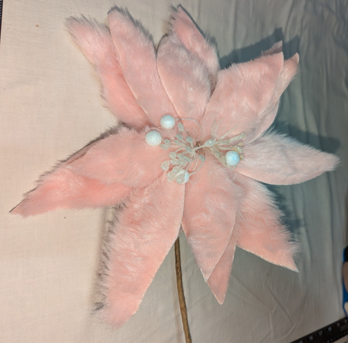 12in Large Artificial Decorative Pink Faux Fur Poinsettia Flower w/ Stem