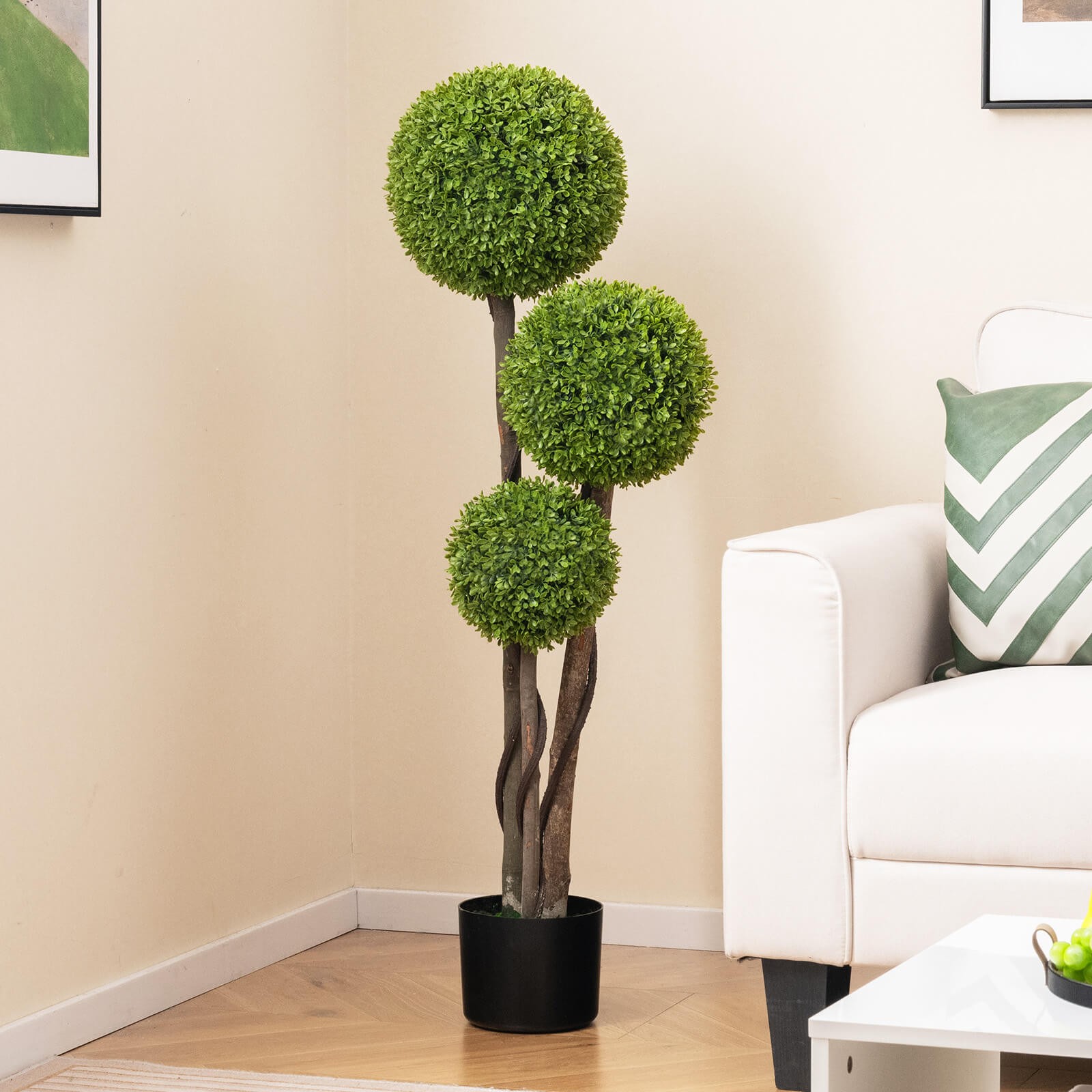 4 FT Artificial Boxwood Topiary Ball Tree w/ Triple Ball Faux Greenery Plant