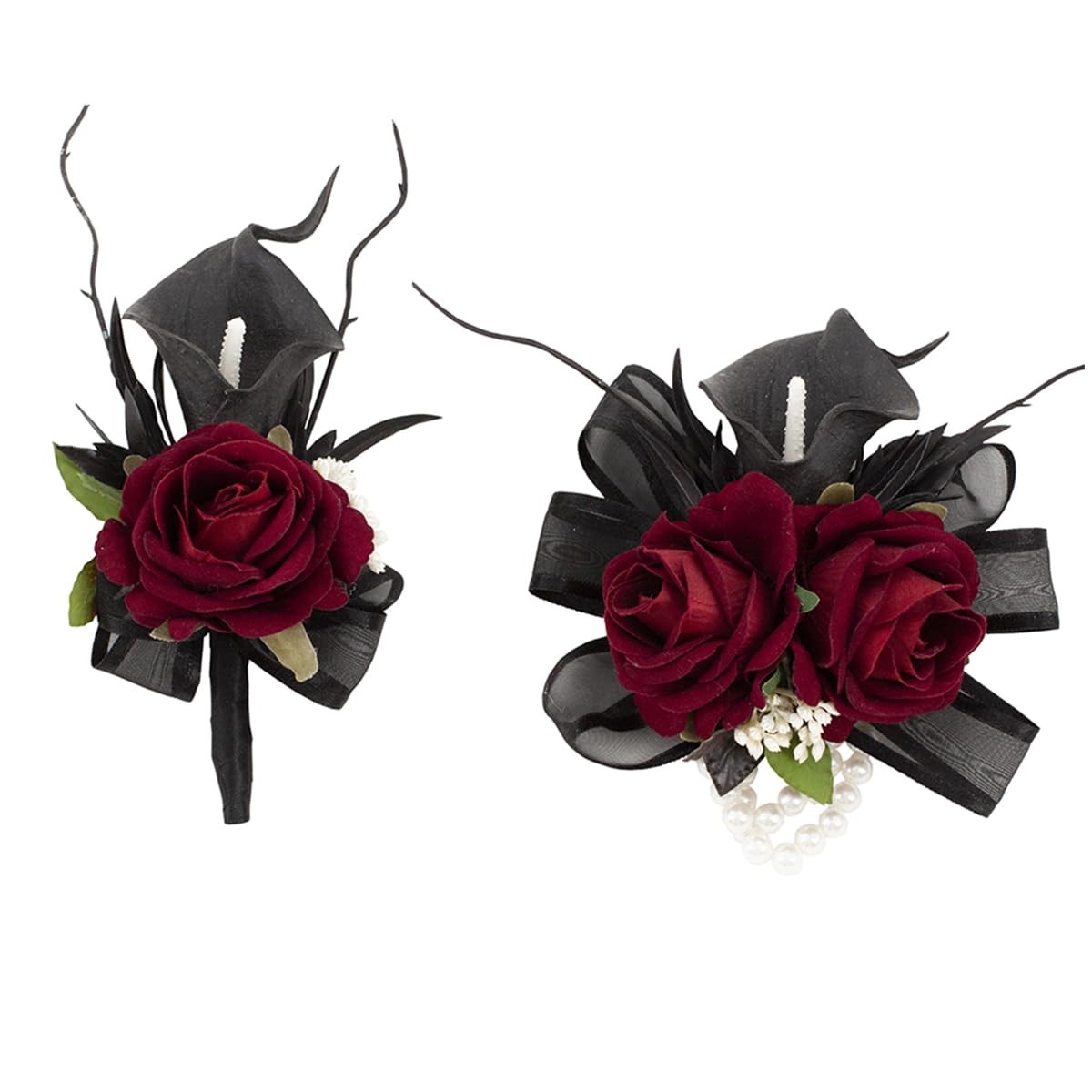 Black Burgundy Calla Lily Corsage and Boutonniere Set for Weddings and Proms